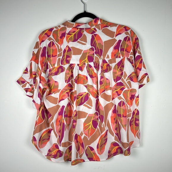 Jane & Delancey top Sz L NWT SS crème Orange  Purple Gold Leaf design button up - Picture 5 of 8
